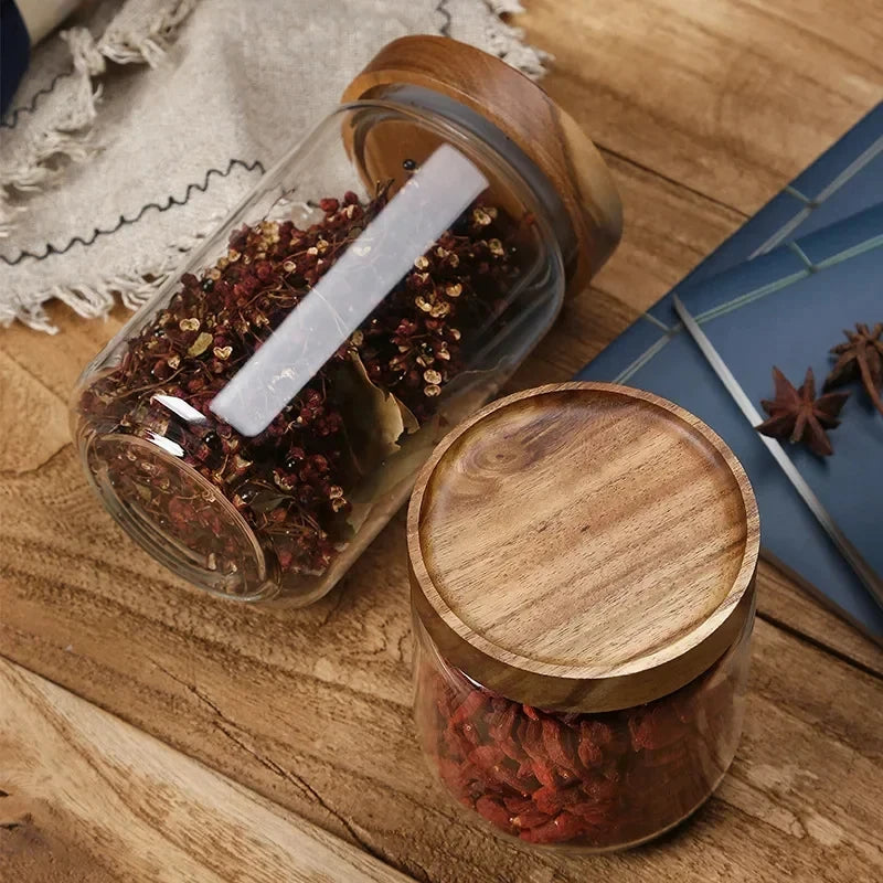 Glass Food Storage Jars w/ Wood Lids