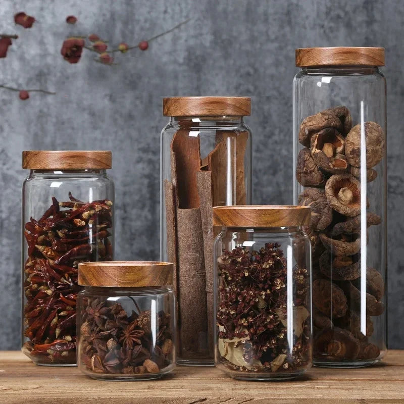 Glass Food Storage Jars w/ Wood Lids