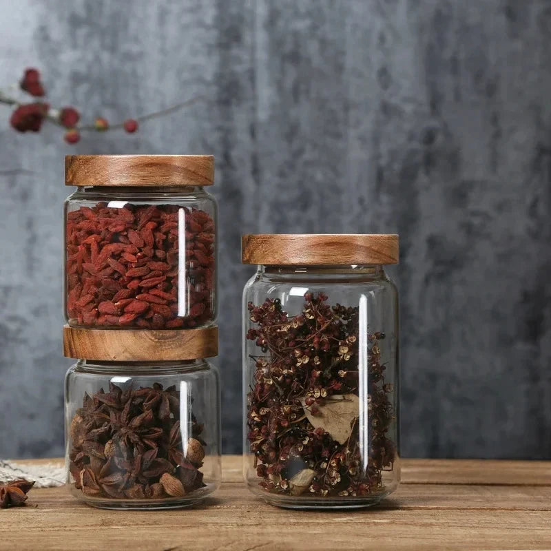 Glass Food Storage Jars w/ Wood Lids