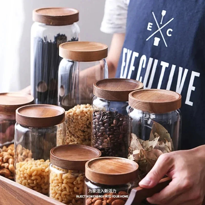 Glass Food Storage Jars w/ Wood Lids